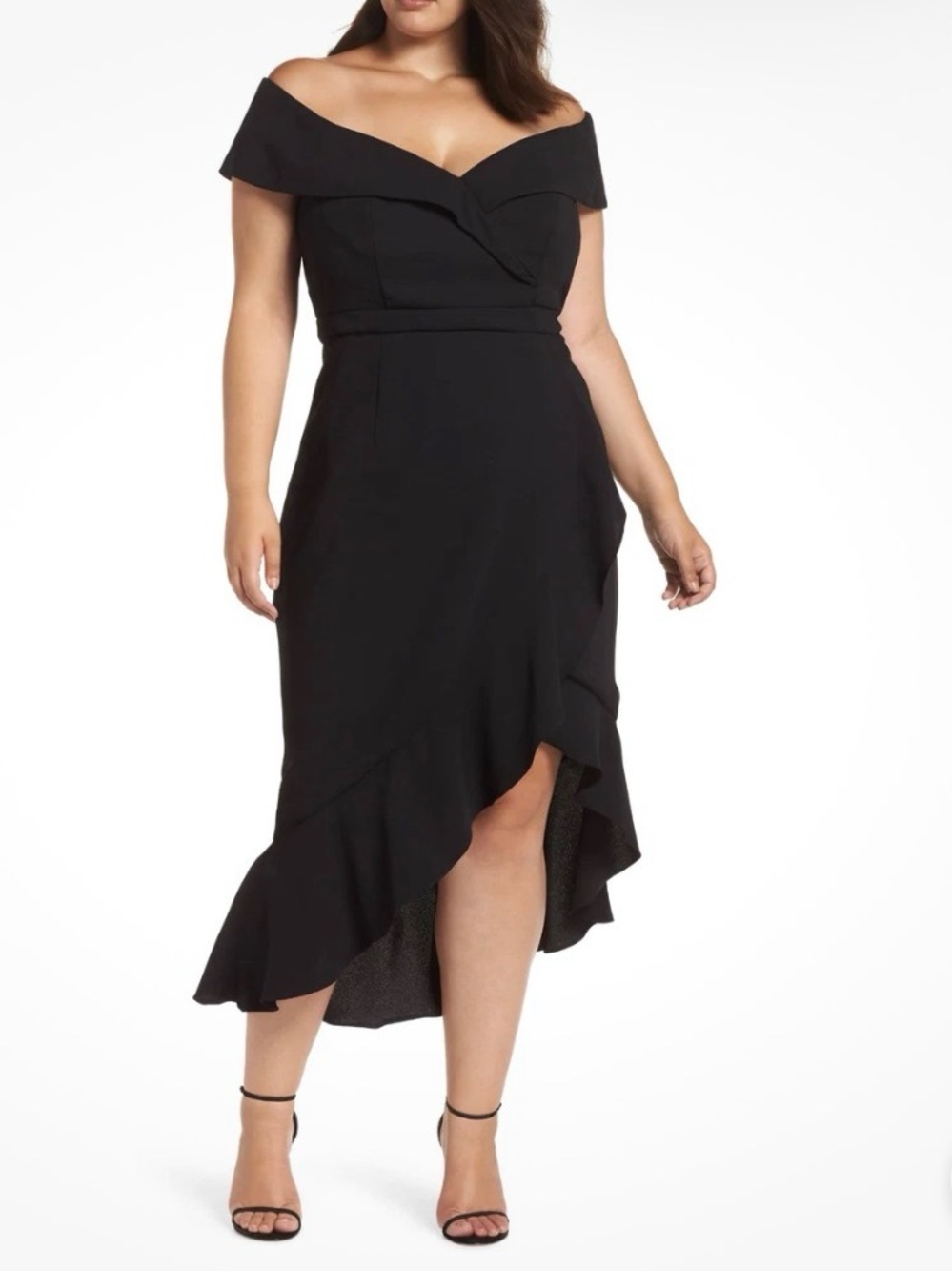 Xscape Off-the-Shoulder Sweetheart Neck Asymmetrical Midi Dress in black